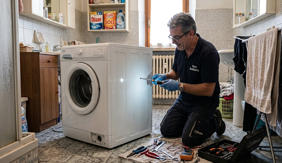 Tecnico durante la riparazione di una lavatrice a domicilio